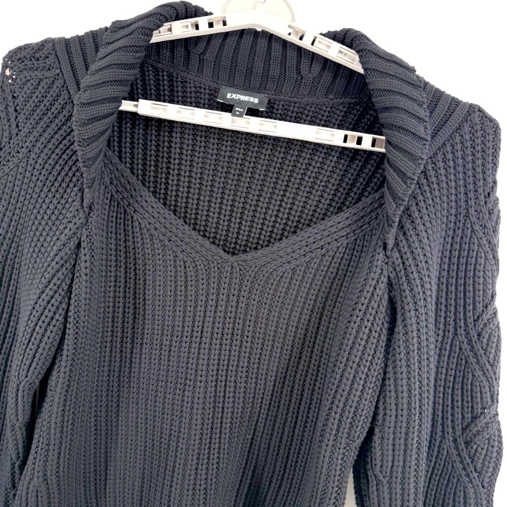 EXPRESS Chunky Knit Sweater XL Black Sweetheart Neck Cable Woven Sleeve Crochet